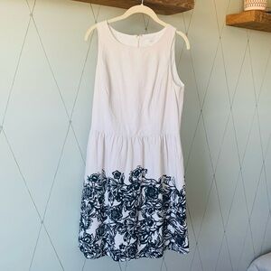 Loft Dress Linen Cotton Tan Neutral Black Floral Sleeveless Office Formal Size 8